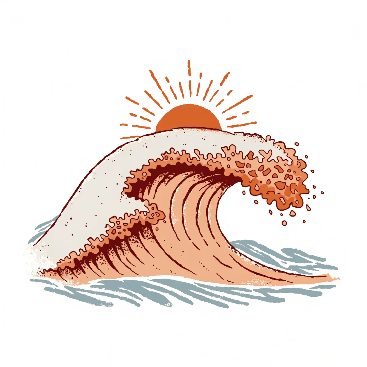 A coastal wave-and-sun apparel graphic generated with AI